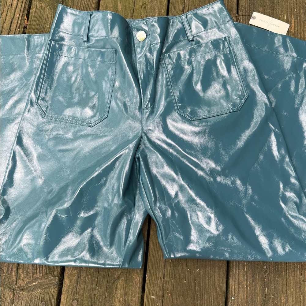 NWT High-Shine Teal Faux-Leather Cropped Collette Pants
